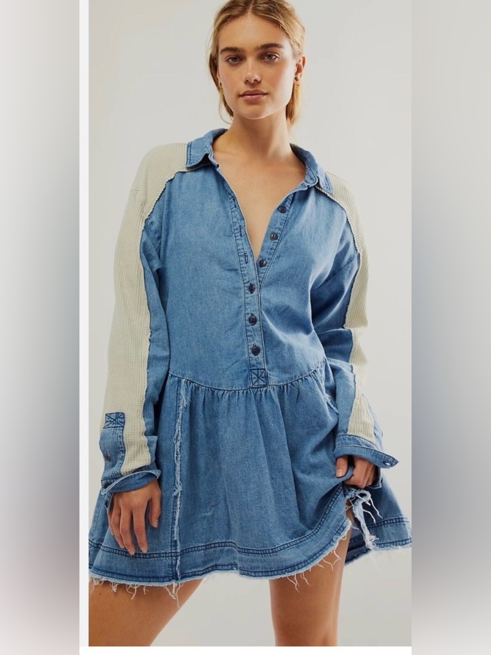 Free People Denim Tunic Dress with Cream Waffle Knit Sleeves - worn once